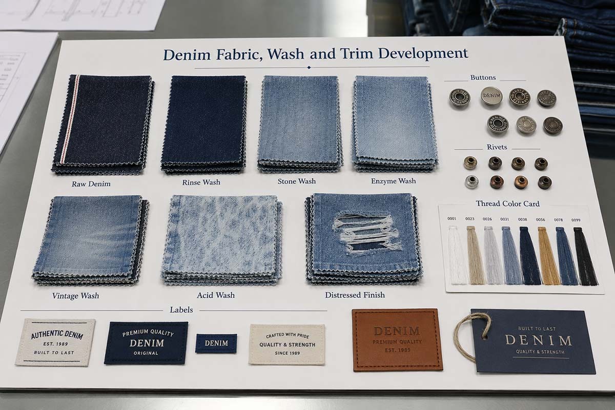 Denim fabric wash and trim development board for custom denim jacket production