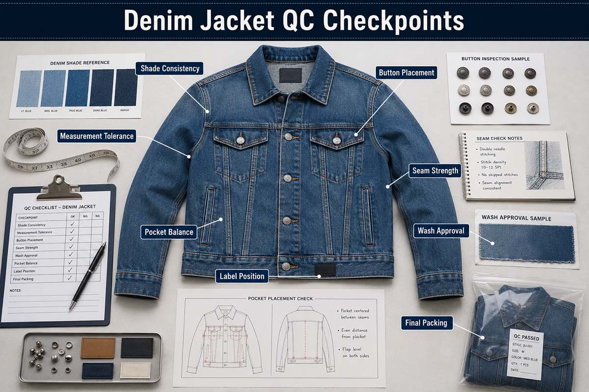 Denim jacket quality control checkpoints for shade consistency measurements seams buttons labels and packing