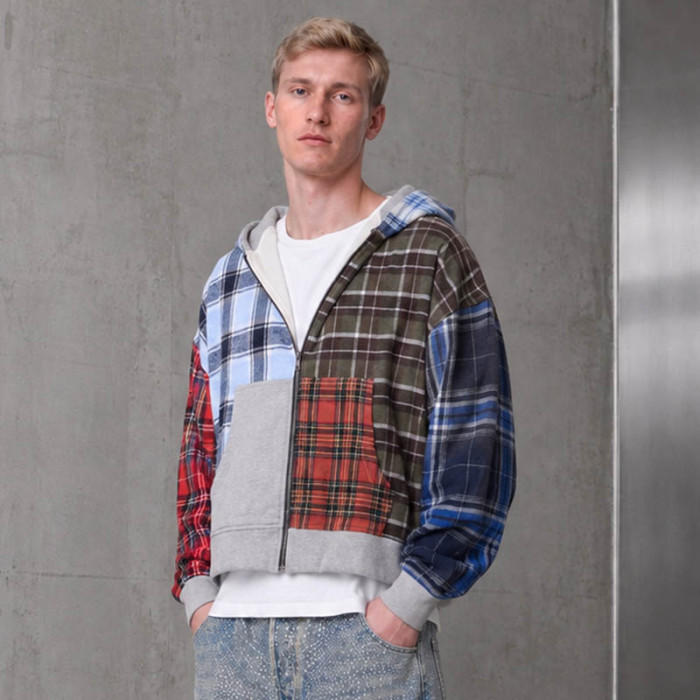 Custom Patchwork Hoodie With Cropped Zip Up Design