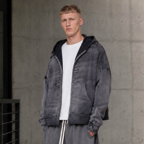 Custom Distressed Hoodie With Washed Zip Up Design