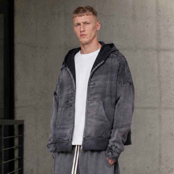 Custom Distressed Hoodie With Washed Zip Up Design