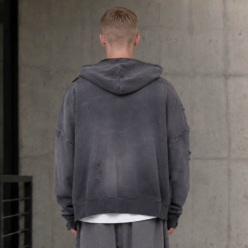 Custom Distressed Hoodie With Washed Zip Up Design