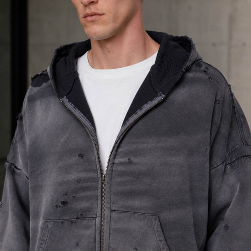 Custom Distressed Hoodie With Washed Zip Up Design