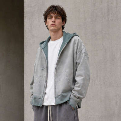 Custom Washed Hoodie With Distressed Zip Up Design