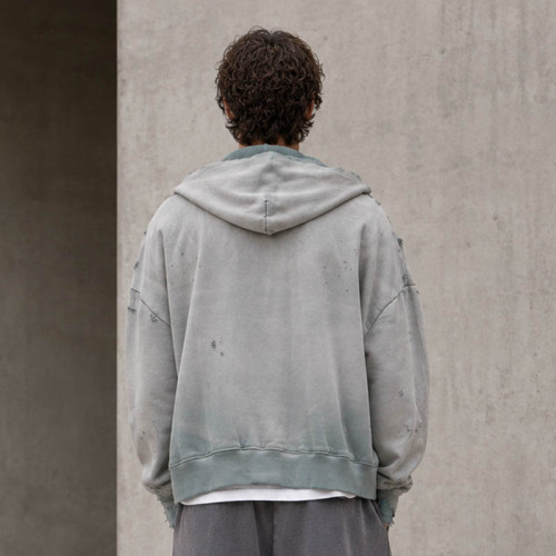 Custom Washed Hoodie With Distressed Zip Up Design