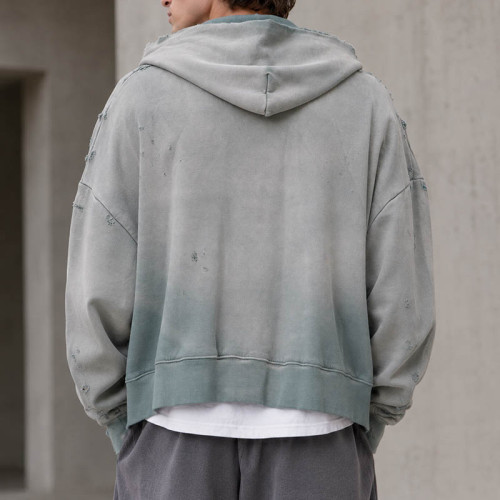Custom Washed Hoodie With Distressed Zip Up Design