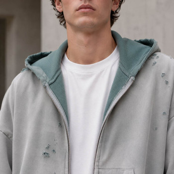 Custom Washed Hoodie With Distressed Zip Up Design