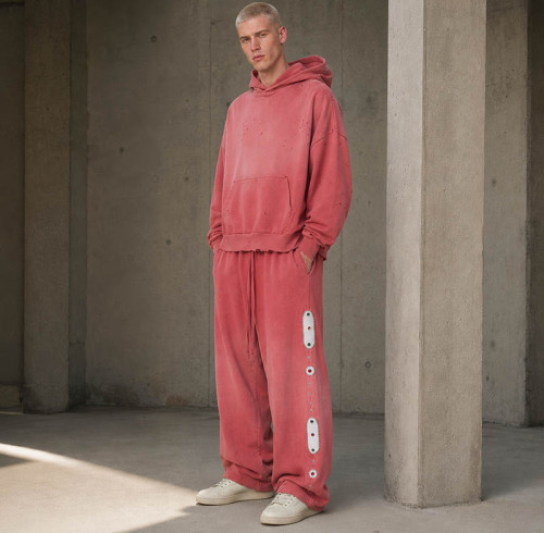 Custom Tracksuit Set With Distressed Pink Hoodie