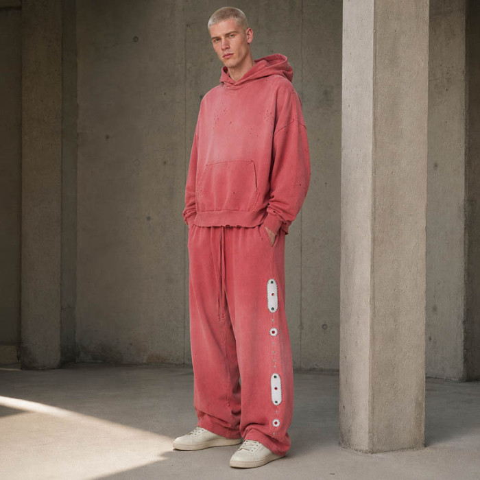 Custom Tracksuit Set With Distressed Pink Hoodie