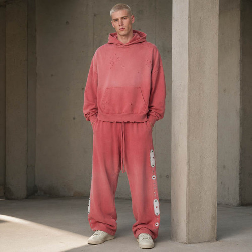 Custom Tracksuit Set With Distressed Pink Hoodie
