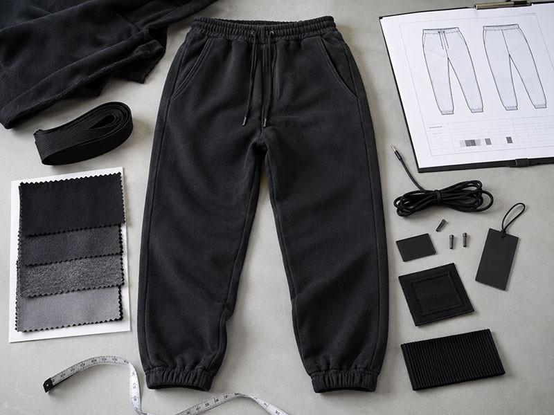 Custom sweatpants sample development desk with fleece swatches waistband trims drawcords labels and tech pack