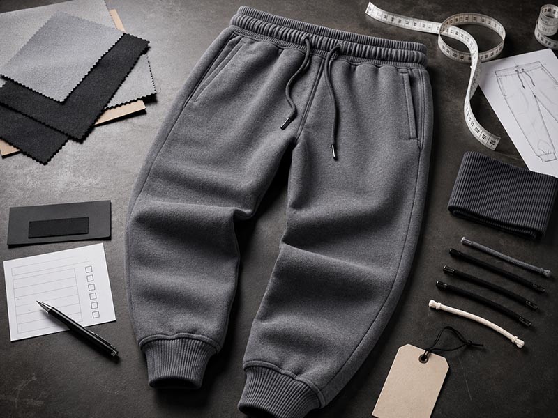 Custom sweatpants sample review desk with fleece swatches waistband trims labels hangtags and measurement tape