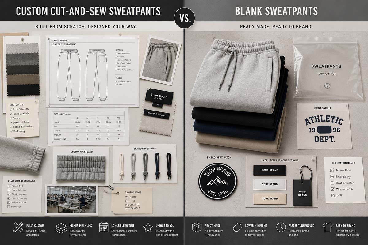 Cut and sew versus blank sweatpants comparison for streetwear brands choosing custom production or blank decoration