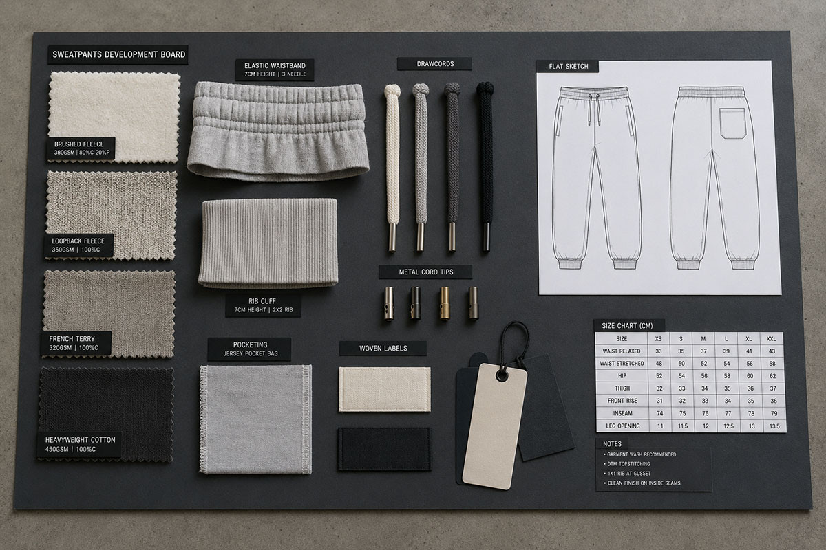 Sweatpants fabric and fit development board with fleece swatches waistband elastic drawcords rib cuffs labels and size chart
