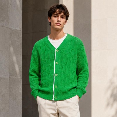 Custom Jackets Green Textured Knit Cardigan Sweater