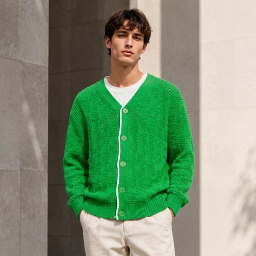Custom Jackets Green Textured Knit Cardigan Sweater