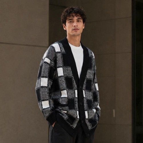 Plaid Custom Fit Knit Jackets Cardigan Sweater