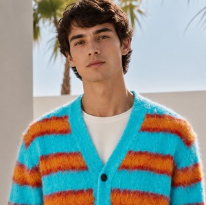 Fuzzy Stripe Custom Fit Knit Jackets Cardigan