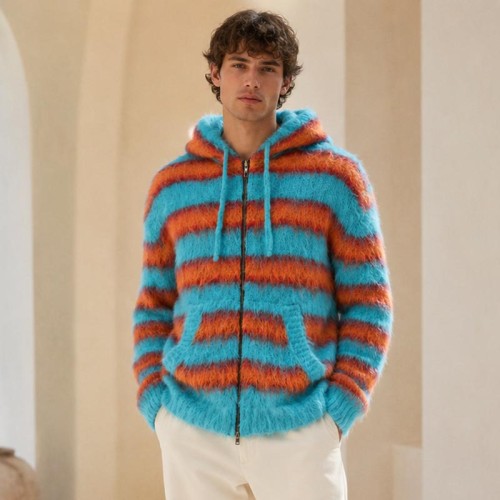 Fuzzy Stripe Custom Zip Up Hoodies Knit Sweater