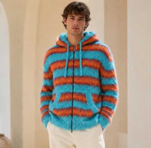 Fuzzy Stripe Custom Zip Up Hoodies Knit Sweater