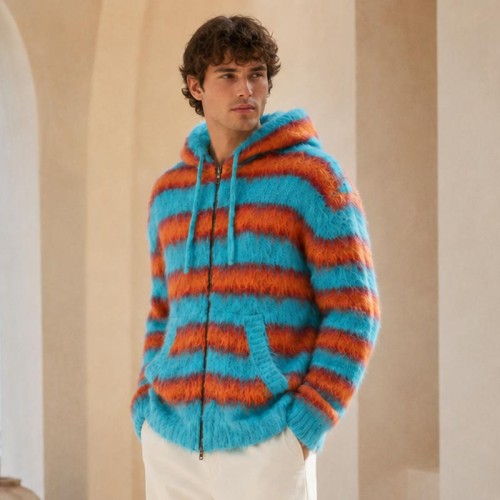 Fuzzy Stripe Custom Zip Up Hoodies Knit Sweater