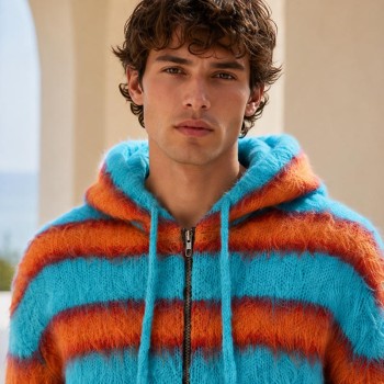 Fuzzy Stripe Custom Zip Up Hoodies Knit Sweater