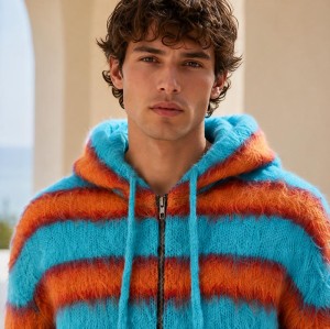 Fuzzy Stripe Custom Zip Up Hoodies Knit Sweater