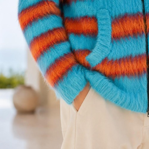 Fuzzy Stripe Custom Zip Up Hoodies Knit Sweater