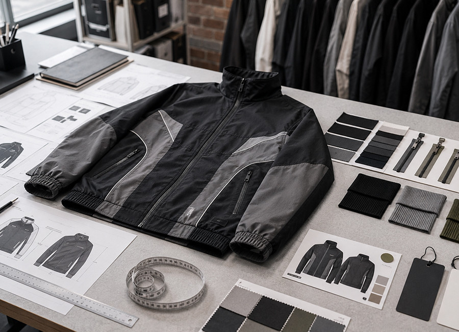Custom jacket manufacturer development desk with jacket sample, tech pack, fabric swatches, trims, labels, and measurement tape.