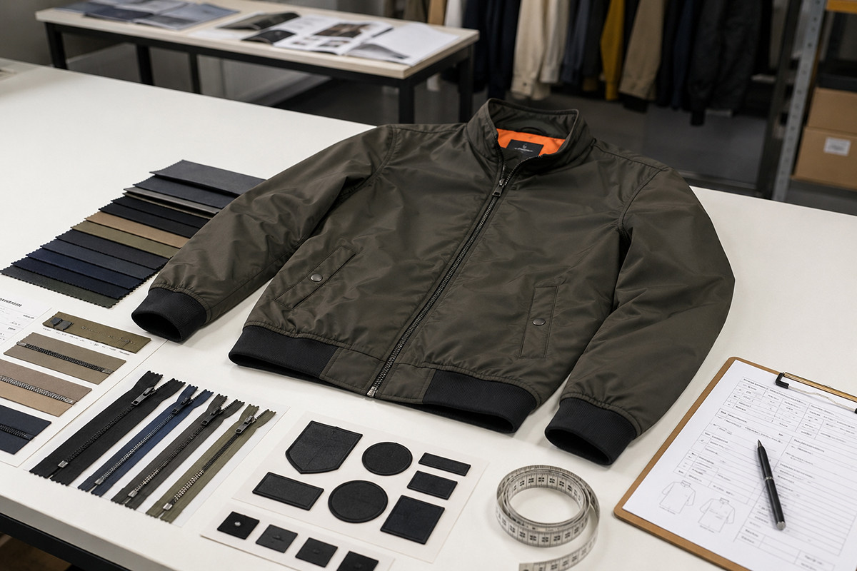 Custom jacket sample review with approved sample, fabric swatches, trim card, labels, patches, and measurement tape.