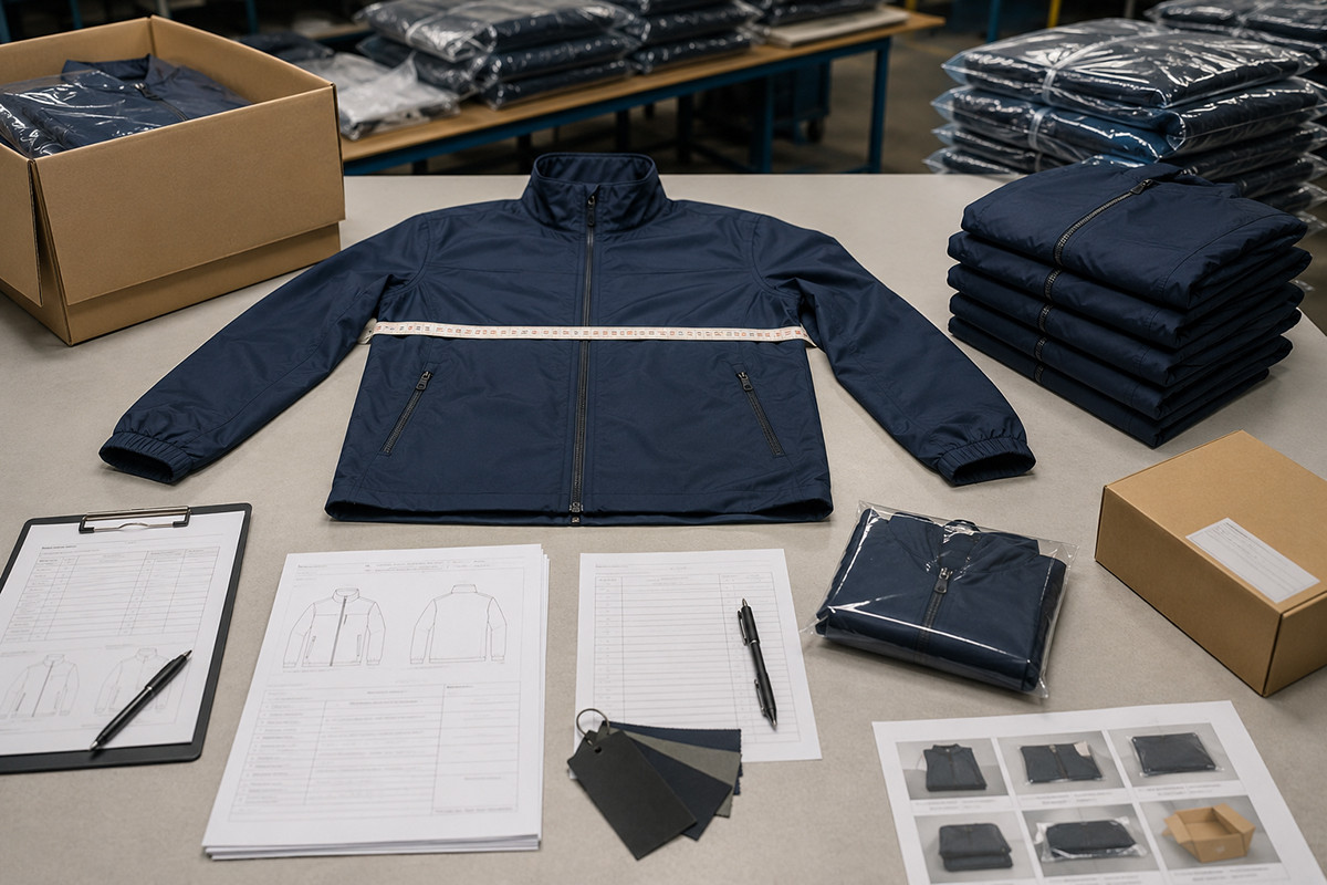 Jacket bulk quality control inspection with measurement tape, QC checklist, approved sample, trim card, labels, and packing standard.