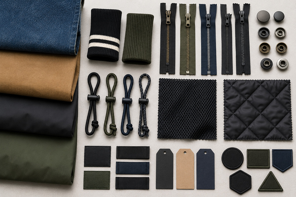 Jacket fabric and trim options including denim, canvas, nylon, zippers, snaps, rib cuffs, labels, hangtags, and patch samples.