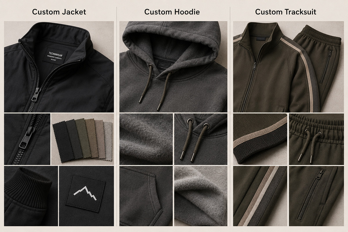 Custom jacket hoodie and tracksuit manufacturing comparison with zipper, fleece, rib trim and waistband details