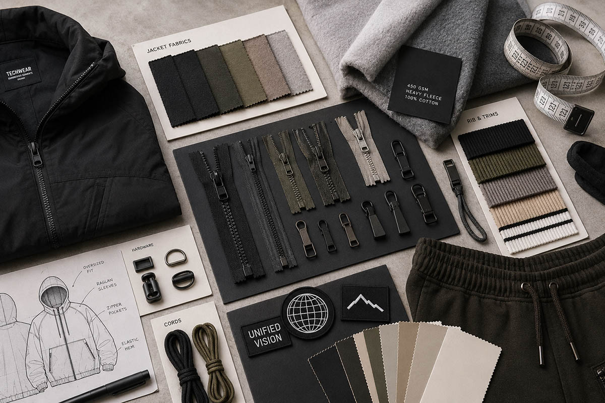 Streetwear production mood board with jacket fabrics, hoodie fleece, tracksuit rib trims, zipper samples, embroidery patches and measurement tape