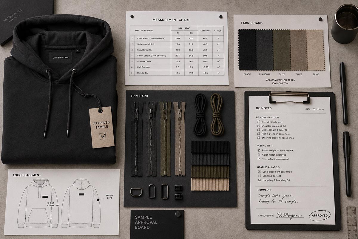 Streetwear sample approval board with approved sample, measurement chart, fabric card, trim card, logo placement sheet and QC notes