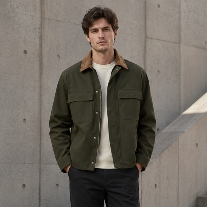 Custom Work Jacket with Contrast Collar for Private Label