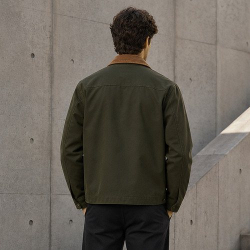 Custom Work Jacket with Contrast Collar for Private Label