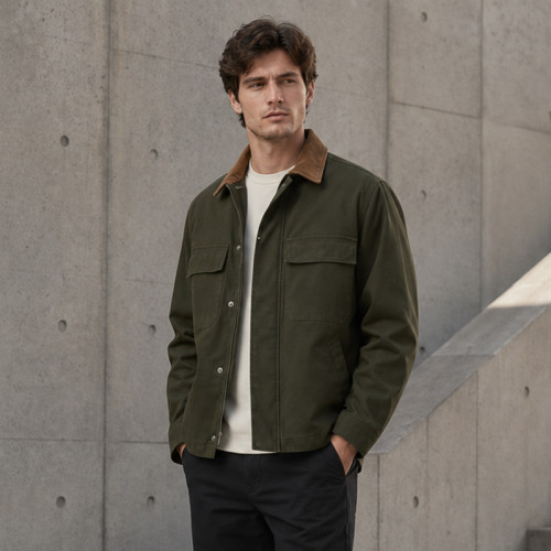 Custom Work Jacket with Contrast Collar for Private Label