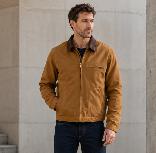 Custom Work Jacket with Contrast Collar for Private Label