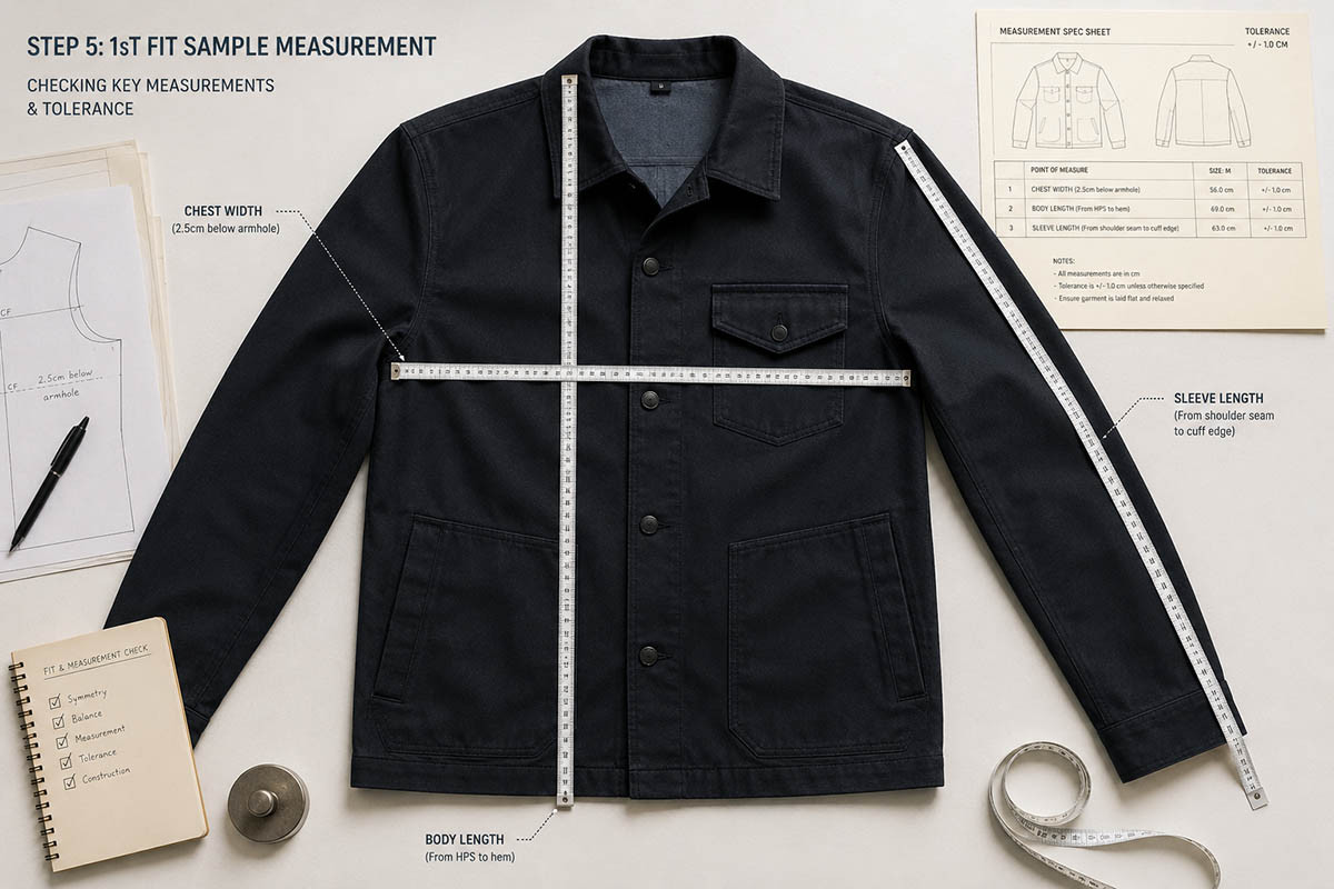 Custom jacket fit measurement and tolerance check before bulk production