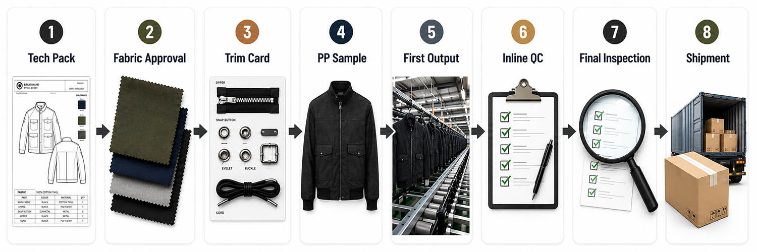 Custom jacket pre-production checklist process from tech pack to fabric approval trim card and final inspection