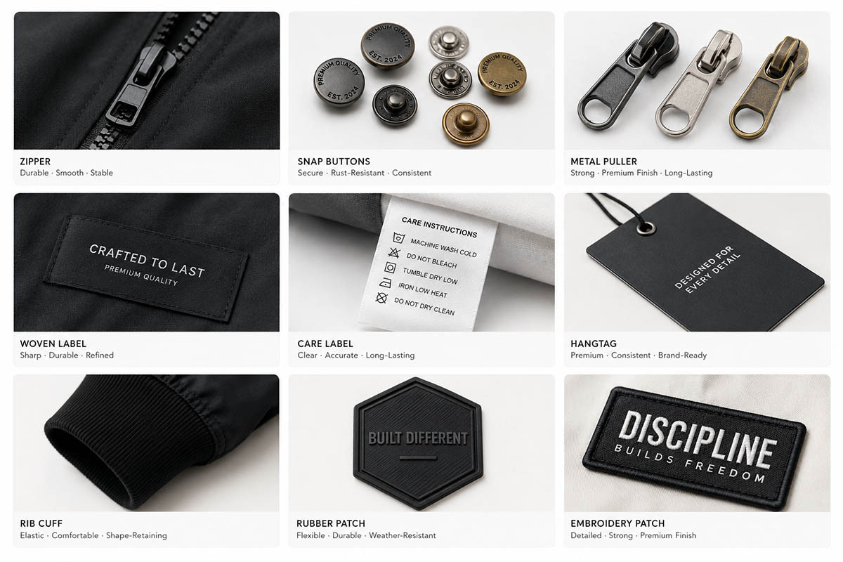 Custom jacket trims and hardware quality check including zipper buttons labels patches and metal accessories