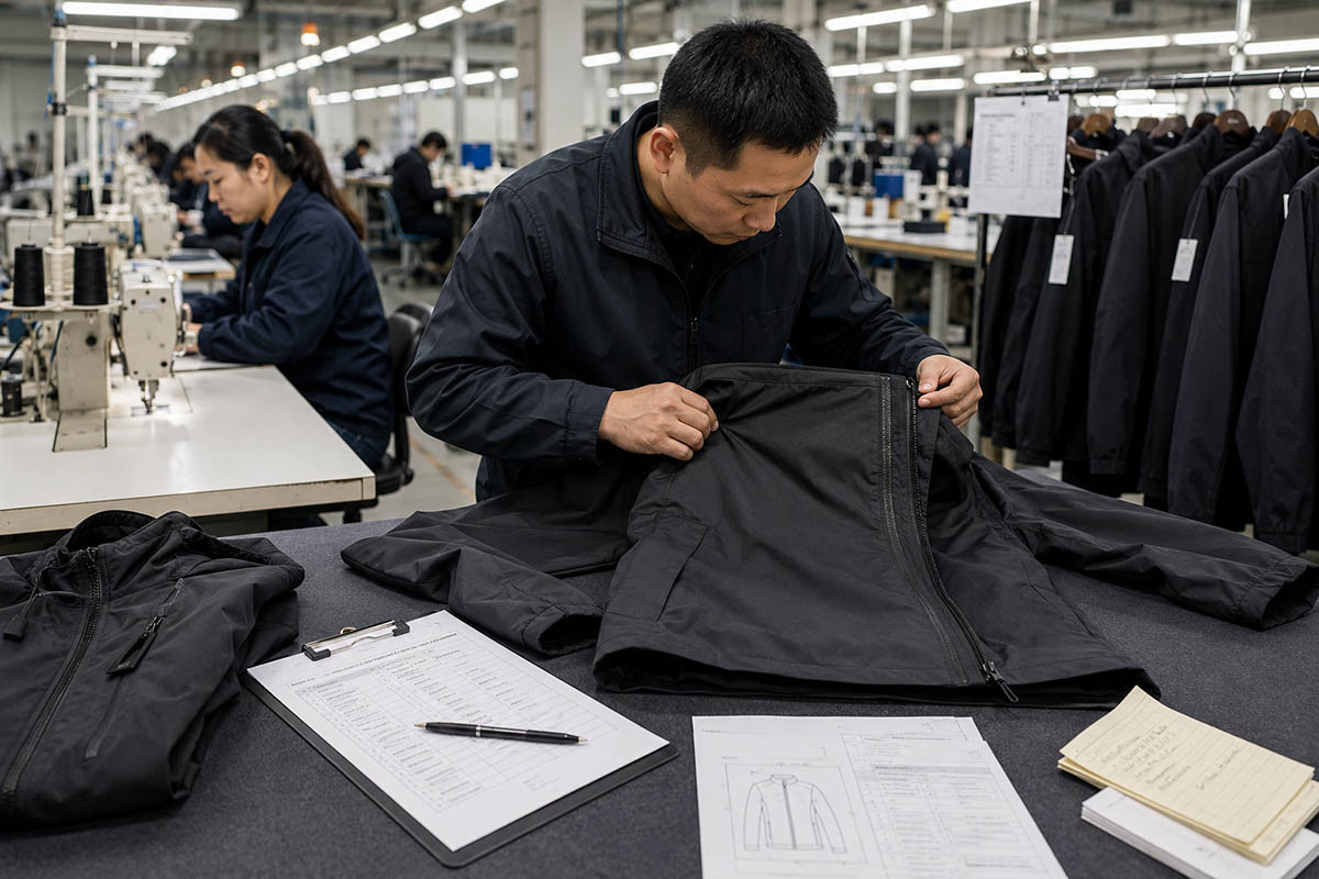 Inline QC inspection for custom jacket production and first output quality control
