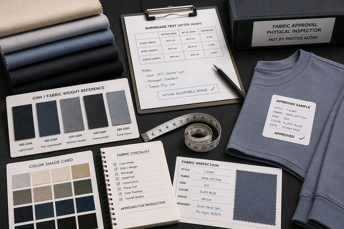 Jacket fabric inspection for GSM shrinkage shade control and bulk production quality review