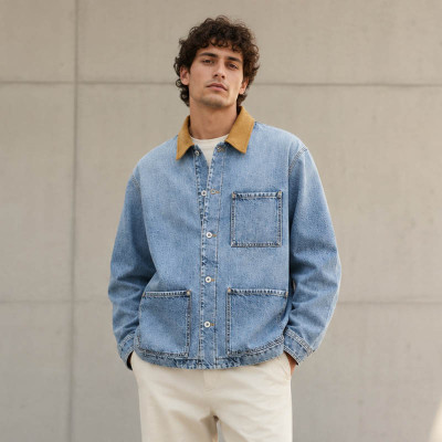 Custom Denim Jacket With Corduroy Collar and Patch Pockets