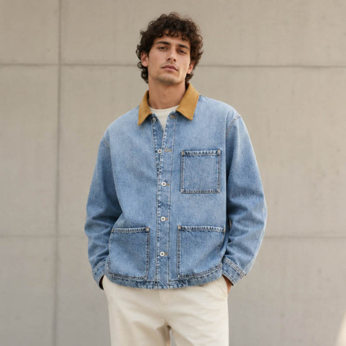 Custom Denim Jacket With Corduroy Collar and Patch Pockets