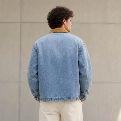 Custom Denim Jacket With Corduroy Collar and Patch Pockets