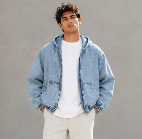 Custom Hooded Denim Jacket With Relaxed Fit and Zip Front