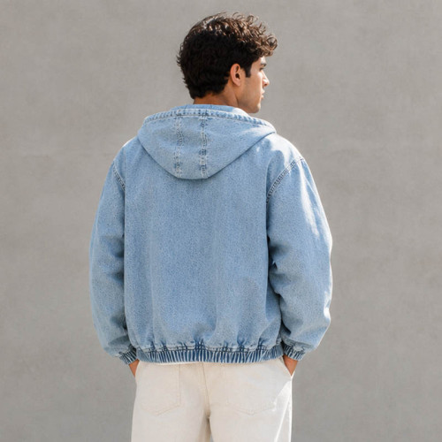 Custom Hooded Denim Jacket With Relaxed Fit and Zip Front