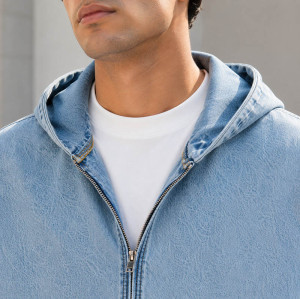 Custom Hooded Denim Jacket With Relaxed Fit and Zip Front